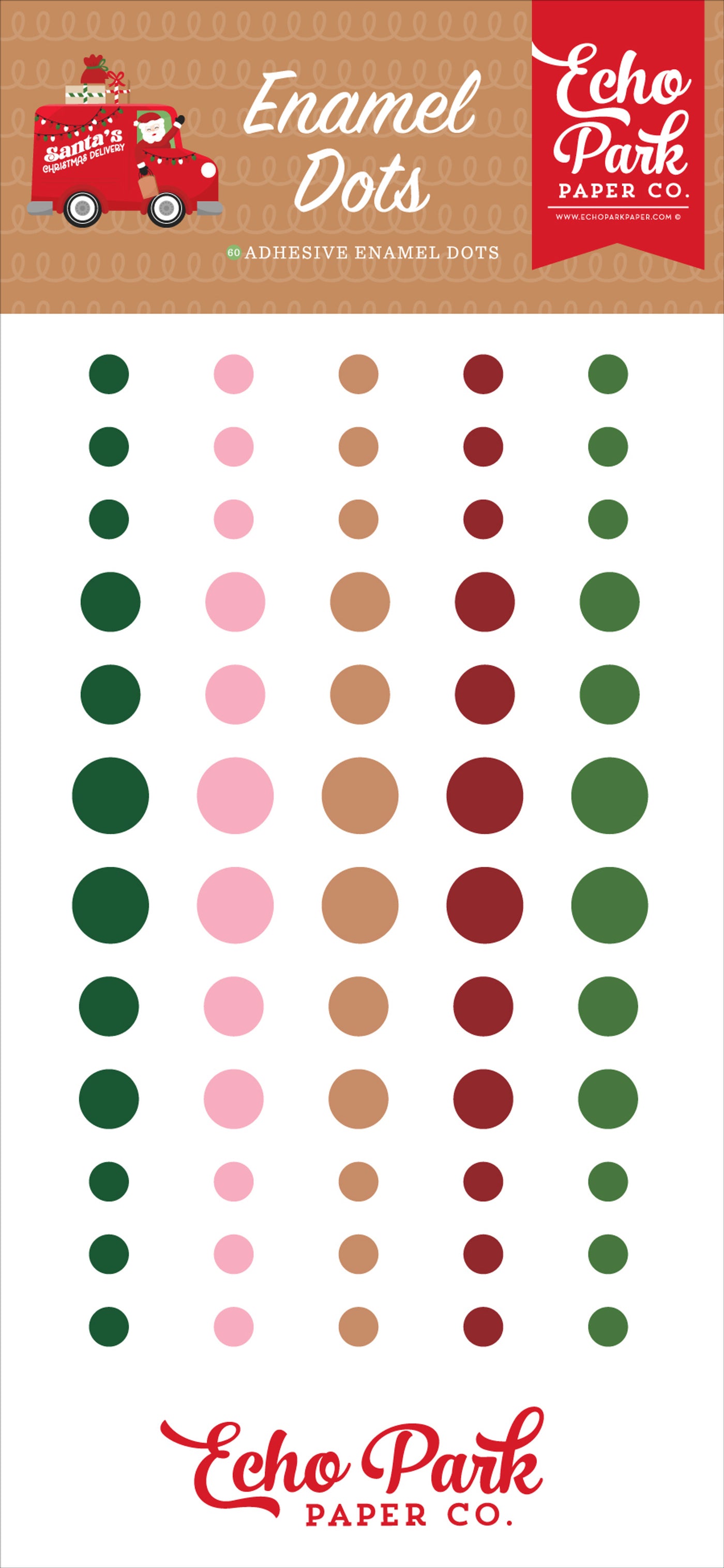 60 Enamel Dots in green, pink, brown, red, and green, in three sizes, adhesive back, designed to coordinate with the Santa's Delivery Truck Collection by Echo Park.