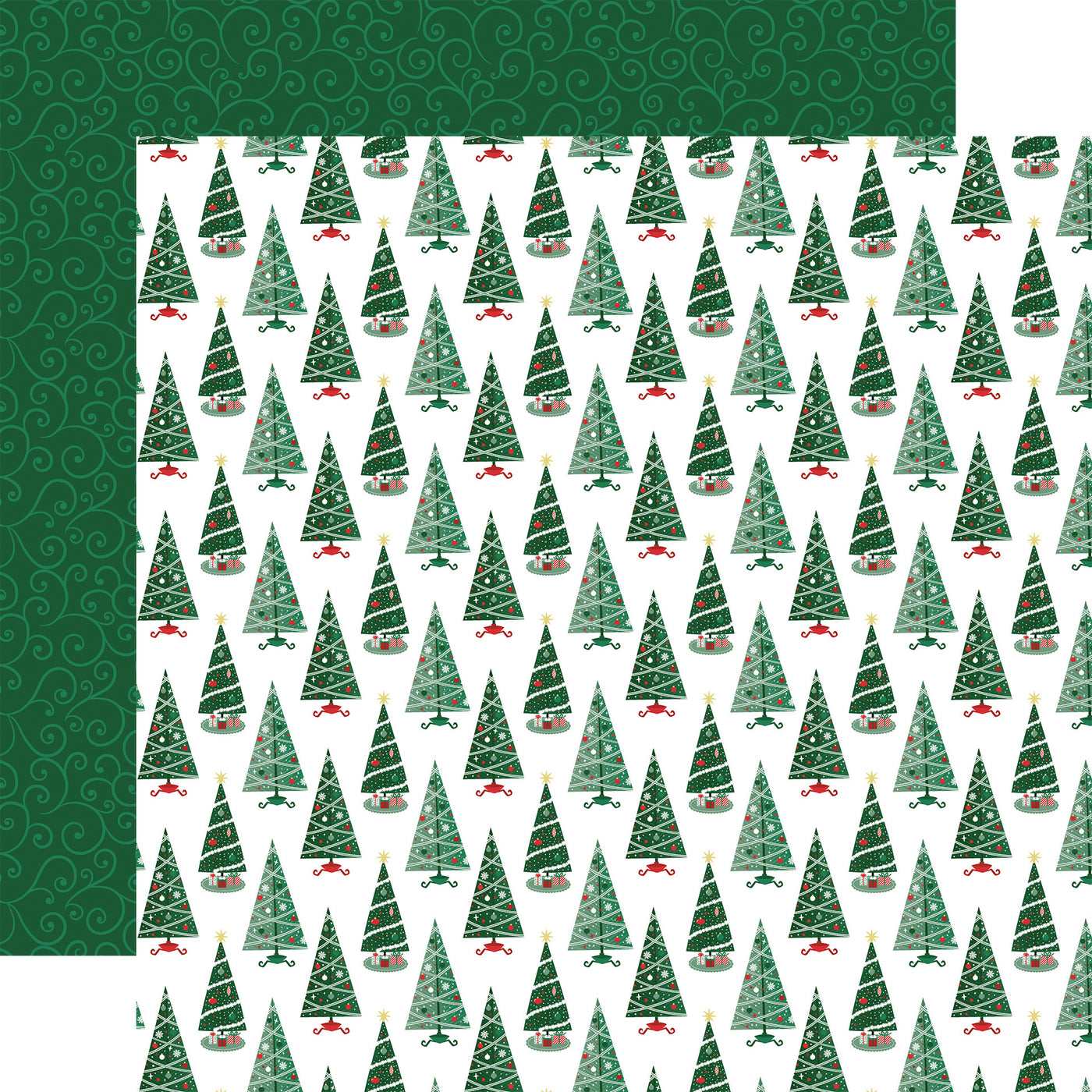 (Side A - various stylized Christmas trees, some decorated with lights or ornaments, on a white background. The trees come in different shades of green. Side B - a solid green background with a subtle, repeating pattern of intricate swirls and delicate tendrils in a slightly darker shade of green)