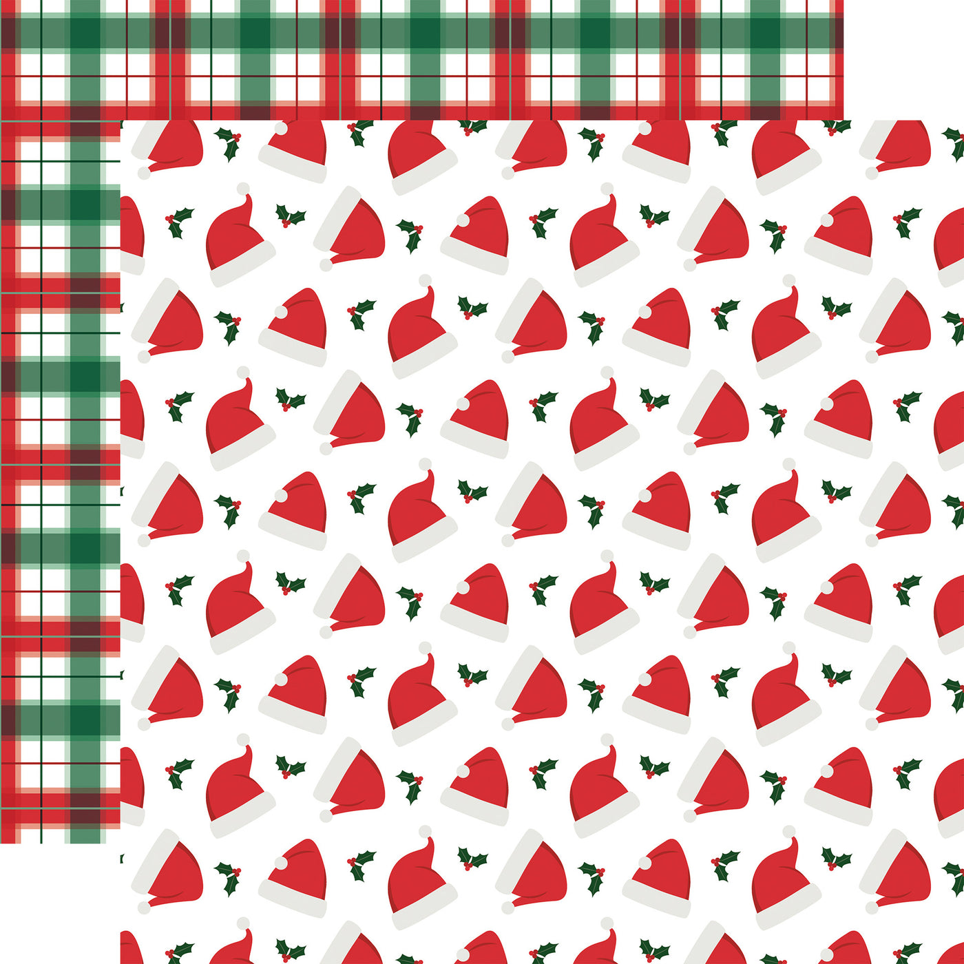 Patterned paper with red Santa hats and green holly leaves on a white background, with plaid pattern reverse.