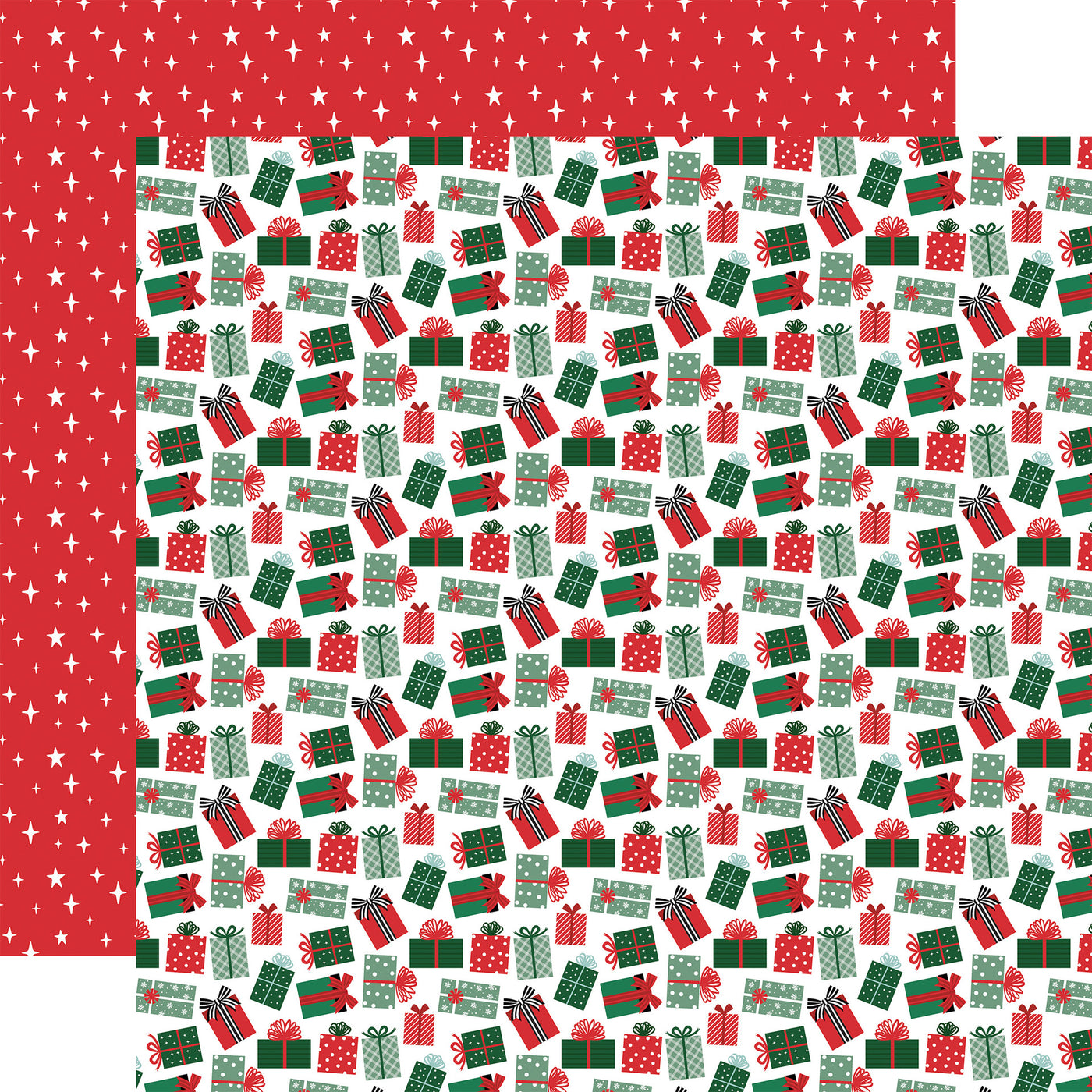 Christmas-themed paper with red and green gift boxes on a white background, red background with white stars reverse.