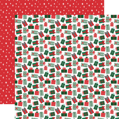 Christmas-themed paper with red and green gift boxes on a white background, red background with white stars reverse.