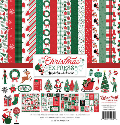 Christmas Express Collection Kit by Echo Park—This kit contains 12 double-sided papers featuring all the fun reasons we love Christmas. It also includes a 12x12 sheet of themed Element stickers.