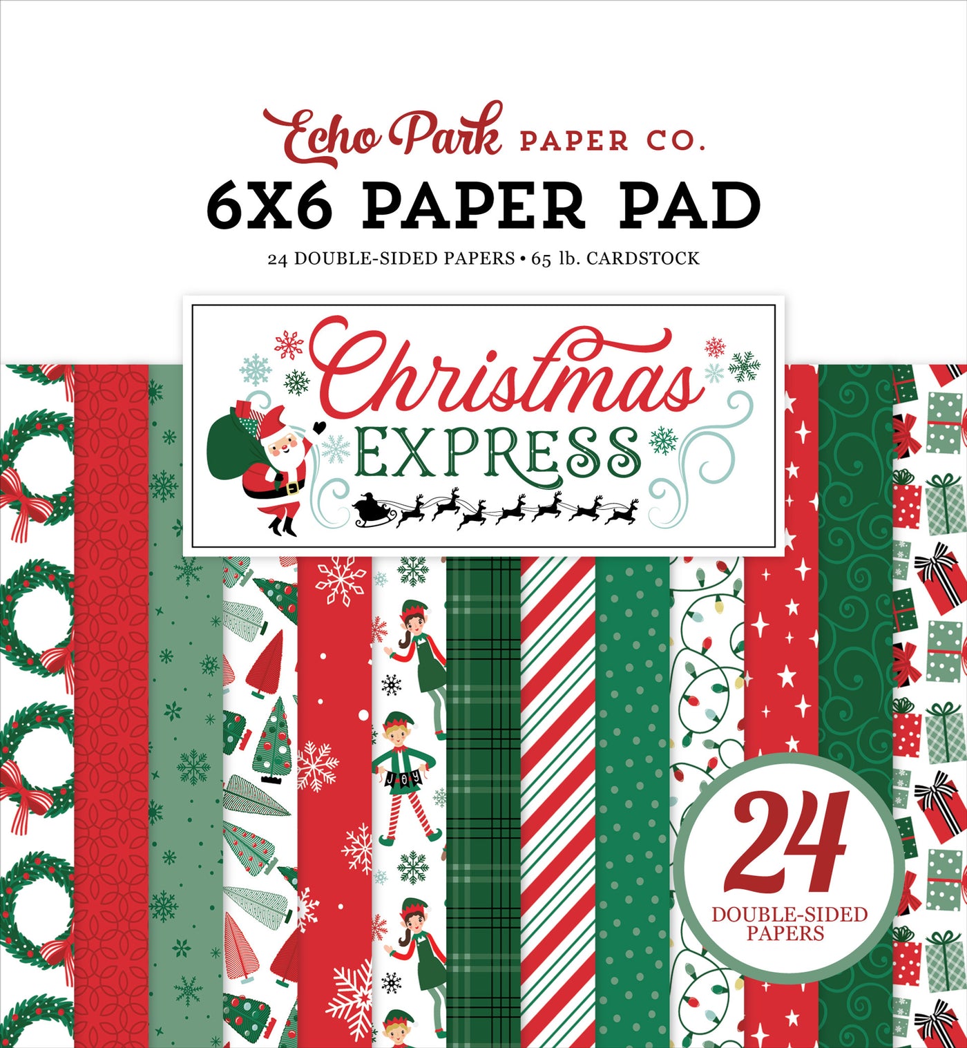 Echo Park Christmas Express 6x6 paper pad packaging with festive designs and text.