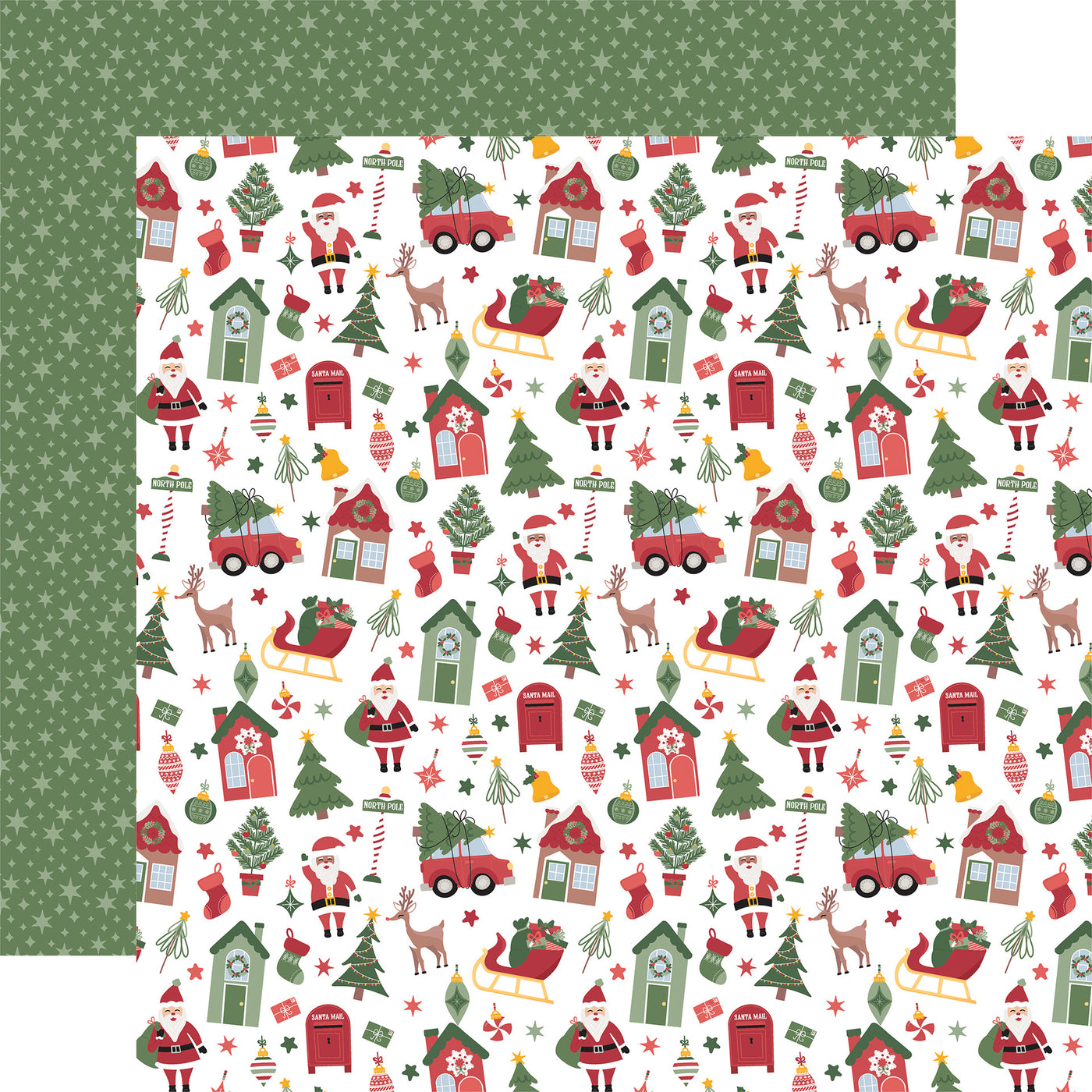 (Side A - features various holiday elements such as Santa Claus, reindeer, sleighs with gifts, decorated houses, Christmas trees, stockings, Santa mailboxes, and small stars, all scattered across a white background, Side B - a solid, muted green background with a dense, seamless pattern of scattered small stars in a slightly lighter shade of green)