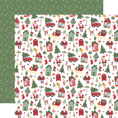 (Side A - features various holiday elements such as Santa Claus, reindeer, sleighs with gifts, decorated houses, Christmas trees, stockings, Santa mailboxes, and small stars, all scattered across a white background, Side B - a solid, muted green background with a dense, seamless pattern of scattered small stars in a slightly lighter shade of green)
