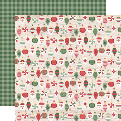 (Side A - red, white, and green Christmas ornaments on a light woodgrain background; Side B - green gingham). Archival quality.