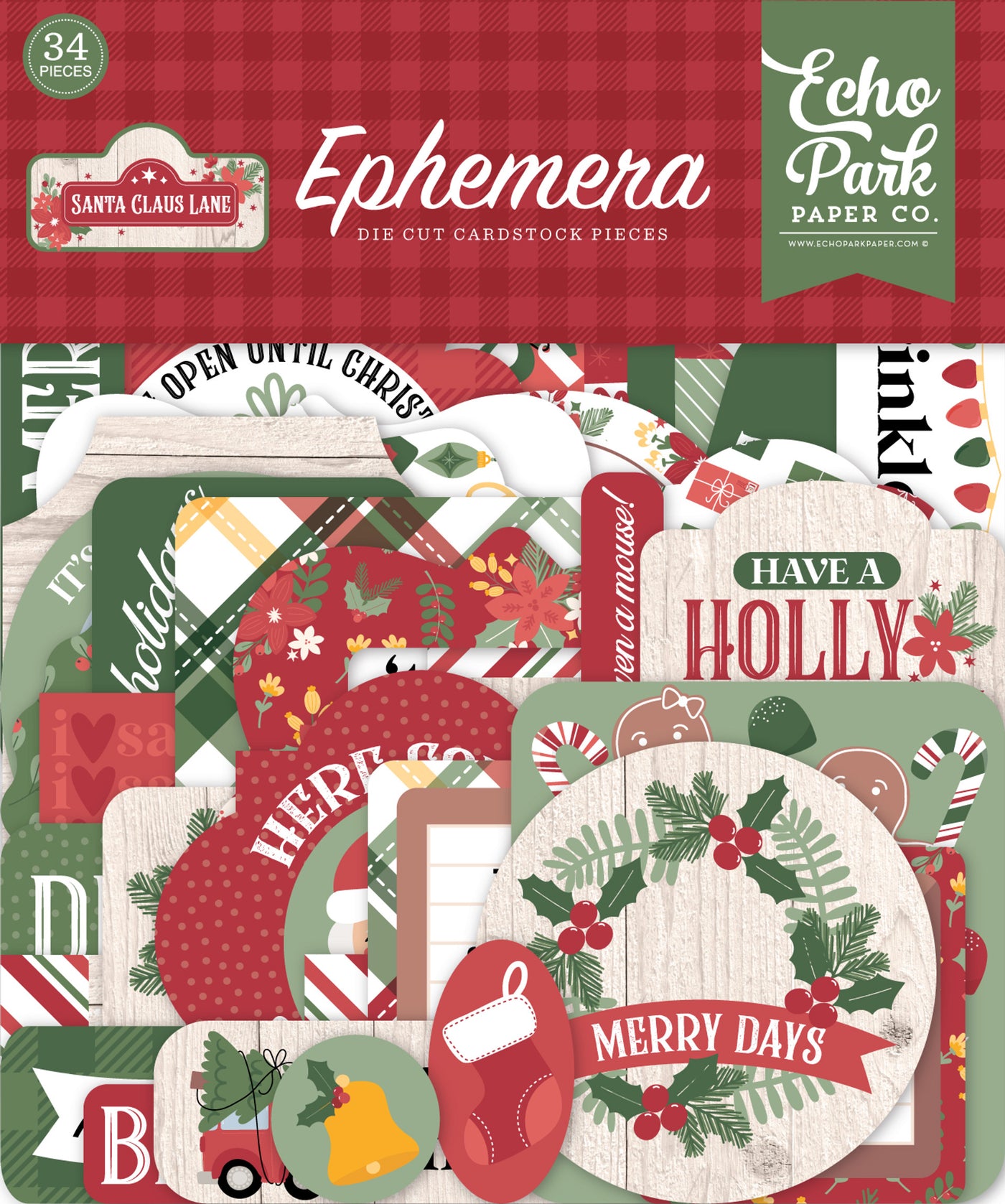 Santa Claus Lane Ephemera Die Cut Cardstock Pack.  Pack includes 34 different die-cut shapes ready to embellish any project.