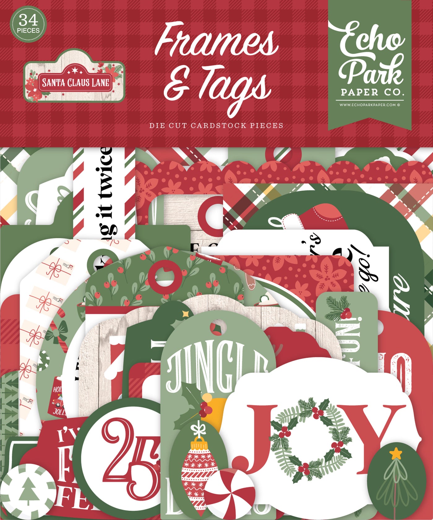 Santa Claus Lane Frames & Tags Die Cut Cardstock Pack.  Pack includes 34 different die-cut shapes ready to embellish any project.
