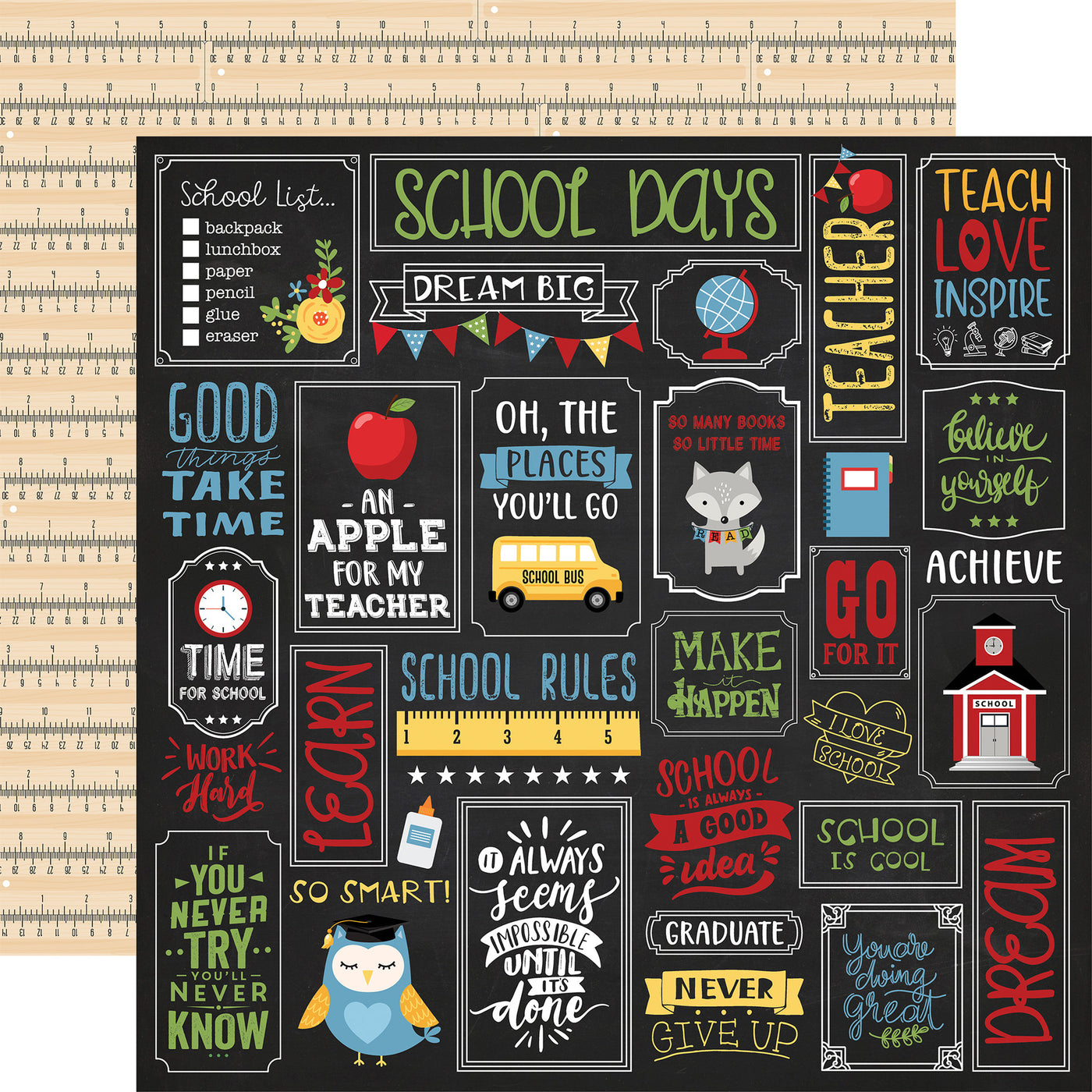 Educational-themed decorative paper with various school-related phrases and graphics.