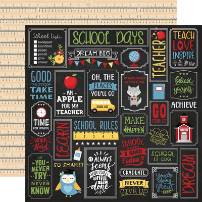 Educational-themed decorative paper with various school-related phrases and graphics.
