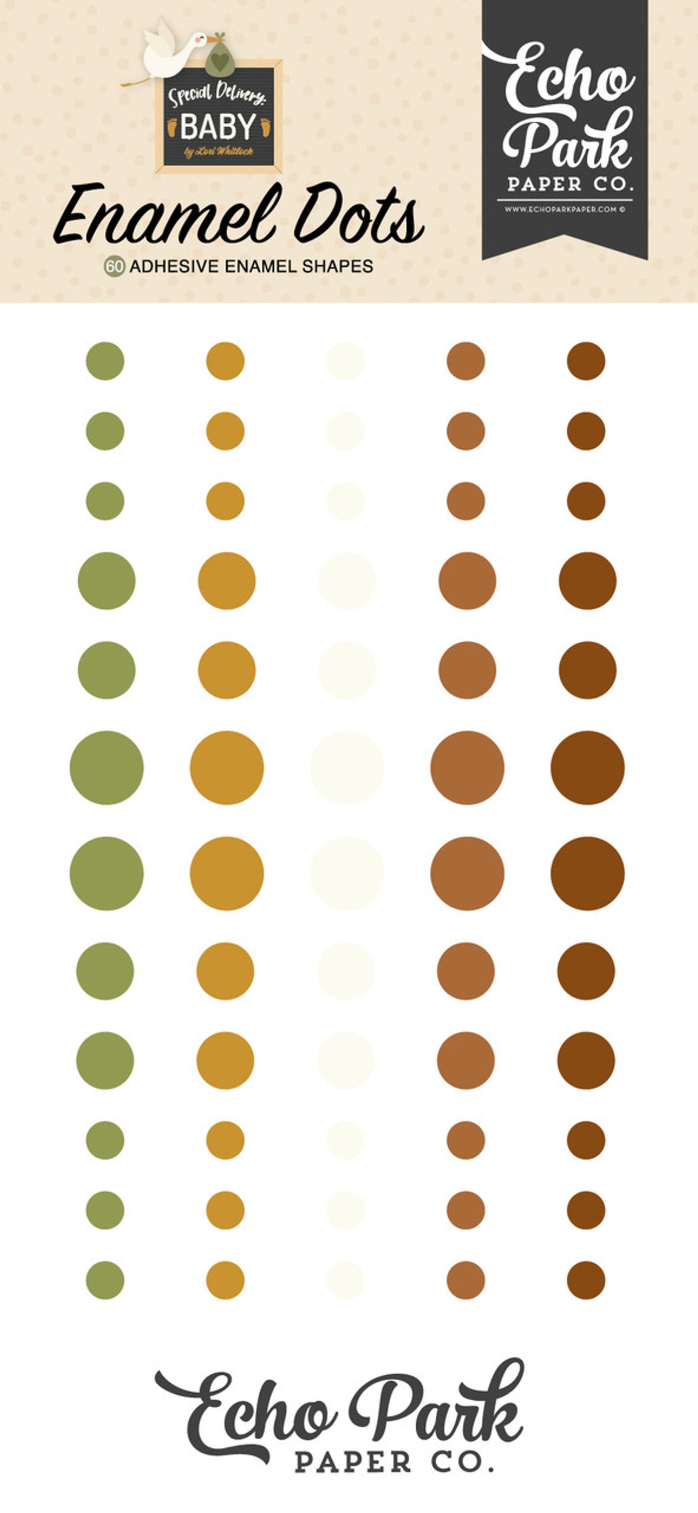 Enamel dots in various colors with Echo Park Paper Co. branding, in neutral baby colors.