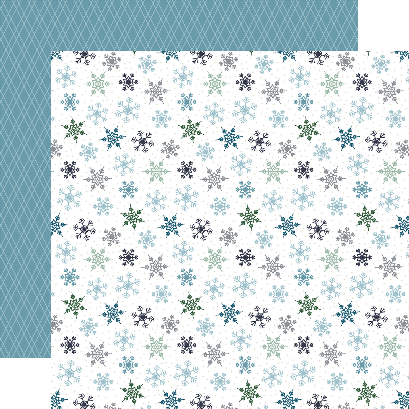 Patterned paper with snowflakes on a blue and white background