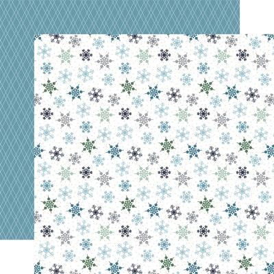 Patterned paper with snowflakes on a blue and white background