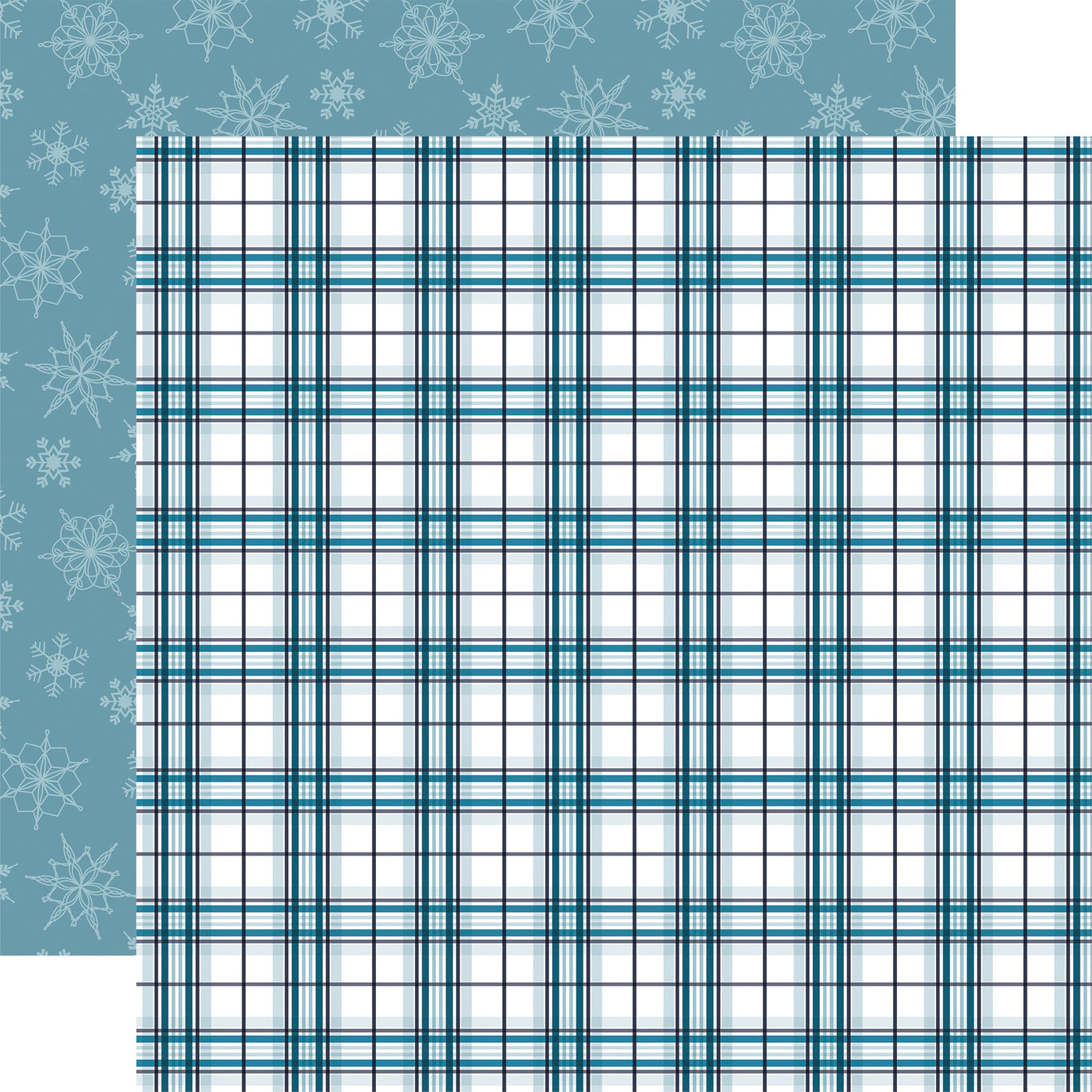 Plaid pattern with blue and white lines with a snowflake design  reverse.
