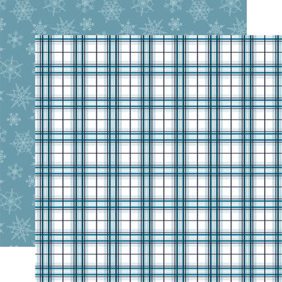 Plaid pattern with blue and white lines with a snowflake design  reverse.