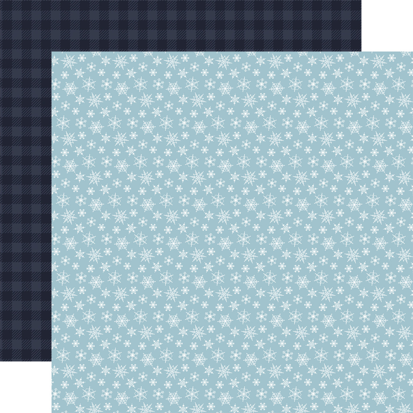 (Side A - numerous white snowflakes of varying sizes and designs, scattered across a light blue background, creating the impression of a blizzard or heavy snowfall, Side B -gingham pattern in two shades of dark blue)