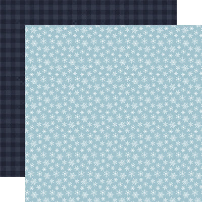 (Side A - numerous white snowflakes of varying sizes and designs, scattered across a light blue background, creating the impression of a blizzard or heavy snowfall, Side B -gingham pattern in two shades of dark blue)