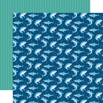 12x12 double-sided sheet. (Side A - sharks on a navy blue background, Side B - turquoise hand-drawn pattern on a green background), archival quality, acid-free. 