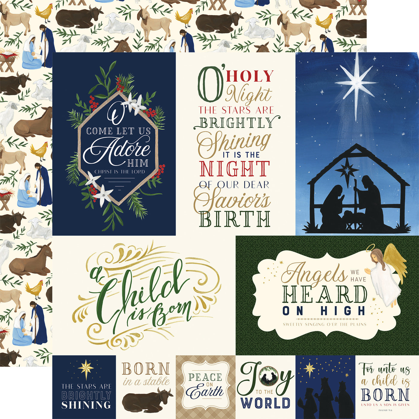 (Side A - journaling cards with nativity scenes and phrases, Side B - nativity icons on a cream background)