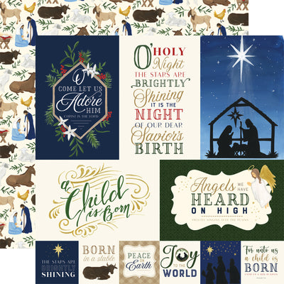 (Side A - journaling cards with nativity scenes and phrases, Side B - nativity icons on a cream background)