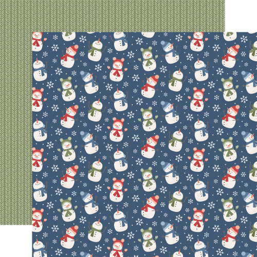 Winter patterns on two sides. (Side A - snowmen with scarves and hats on a navy blue background; Side B - rows of chevron pattern on a sage green background)