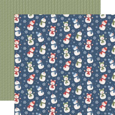 Winter patterns on two sides. (Side A - snowmen with scarves and hats on a navy blue background; Side B - rows of chevron pattern on a sage green background)