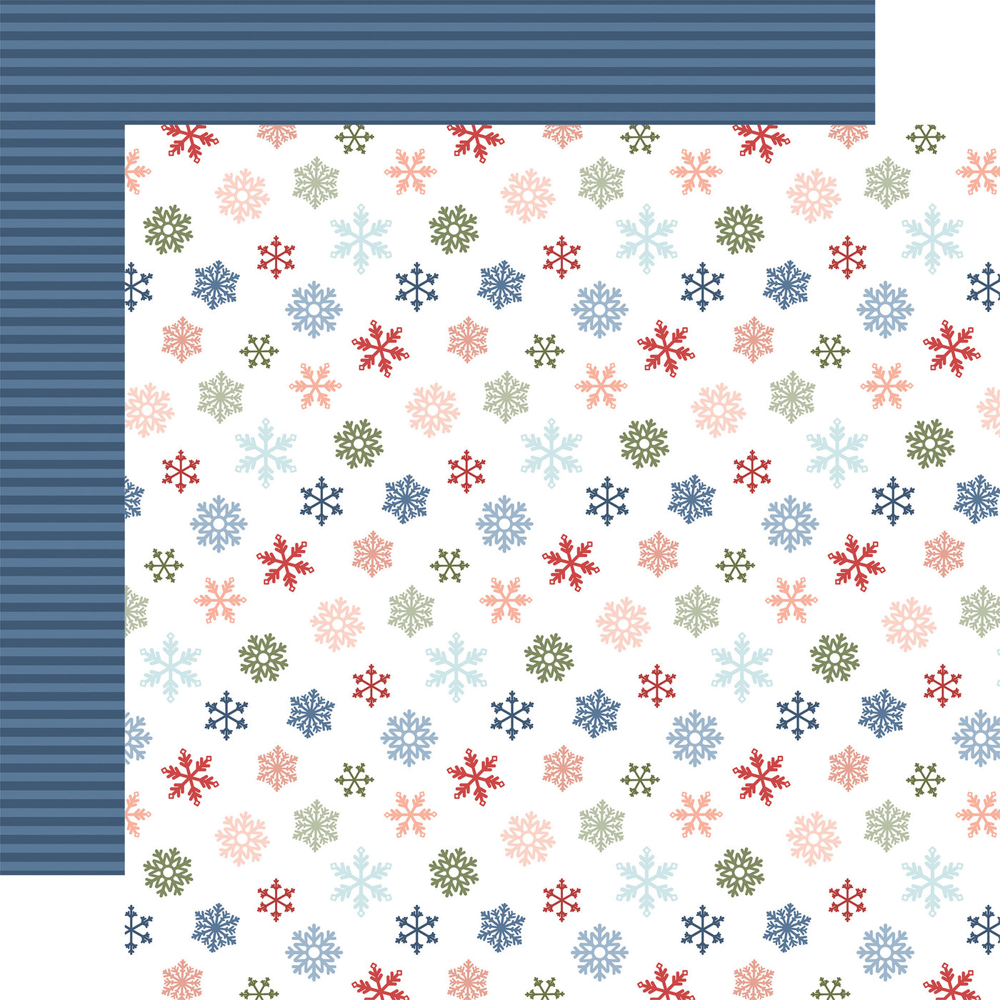 (Side A - red, navy, light blue, pink, and sage green snowflakes on a white background, Side B - blue stripes on a navy blue background). Archival quality.