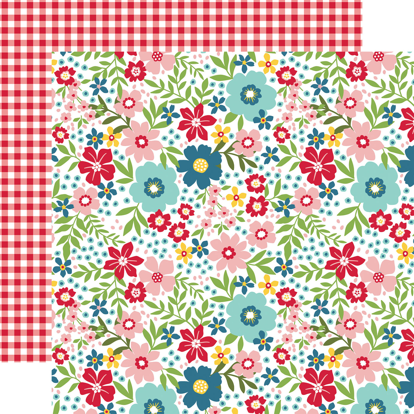 12x12 double-sided patterned paper. (Side A - red, blue, yellow, and pink floral on a white background; Side B - red and white gingham)