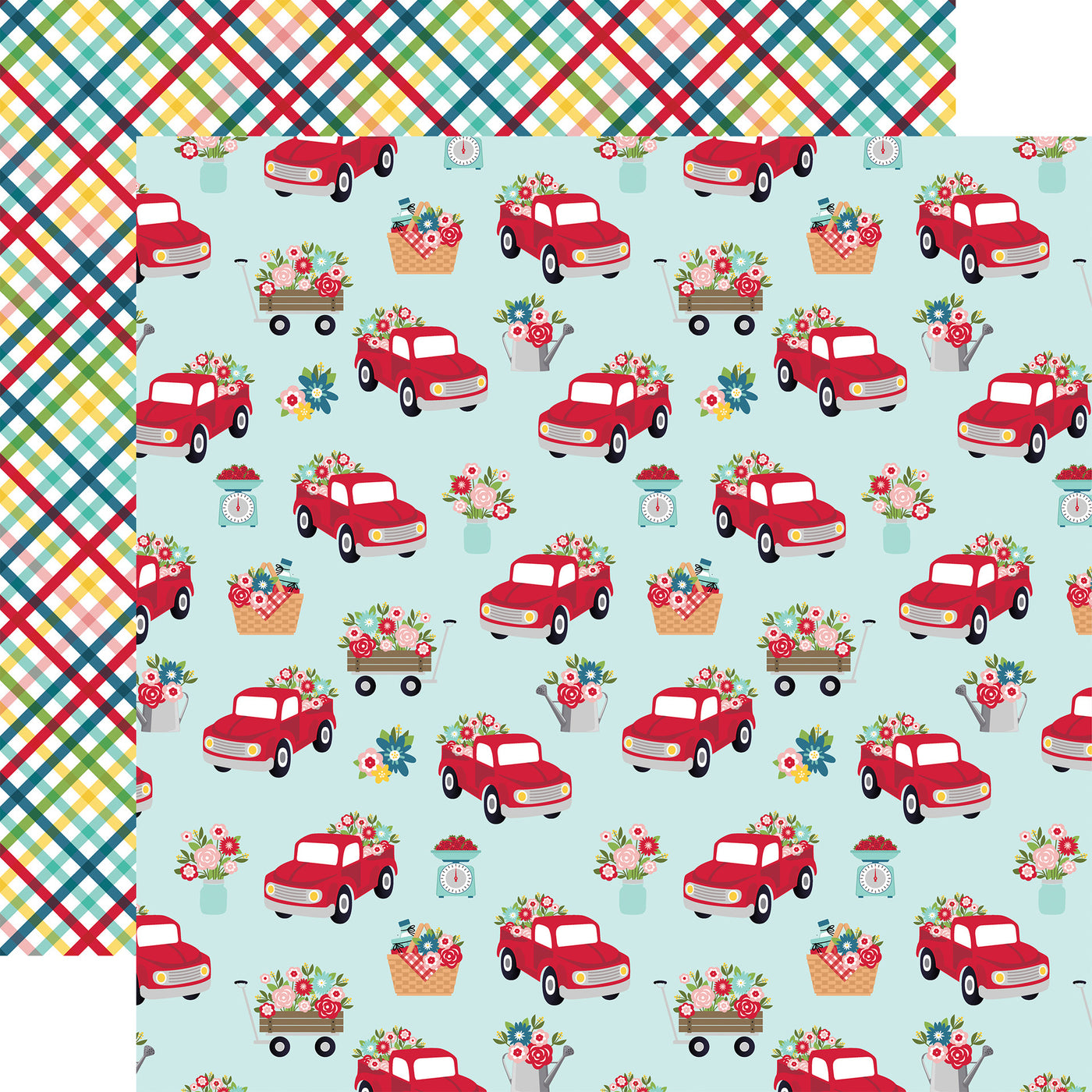Patterned paper with red trucks and floral arrangements on a blue background, with a plaid pattern, reverse.