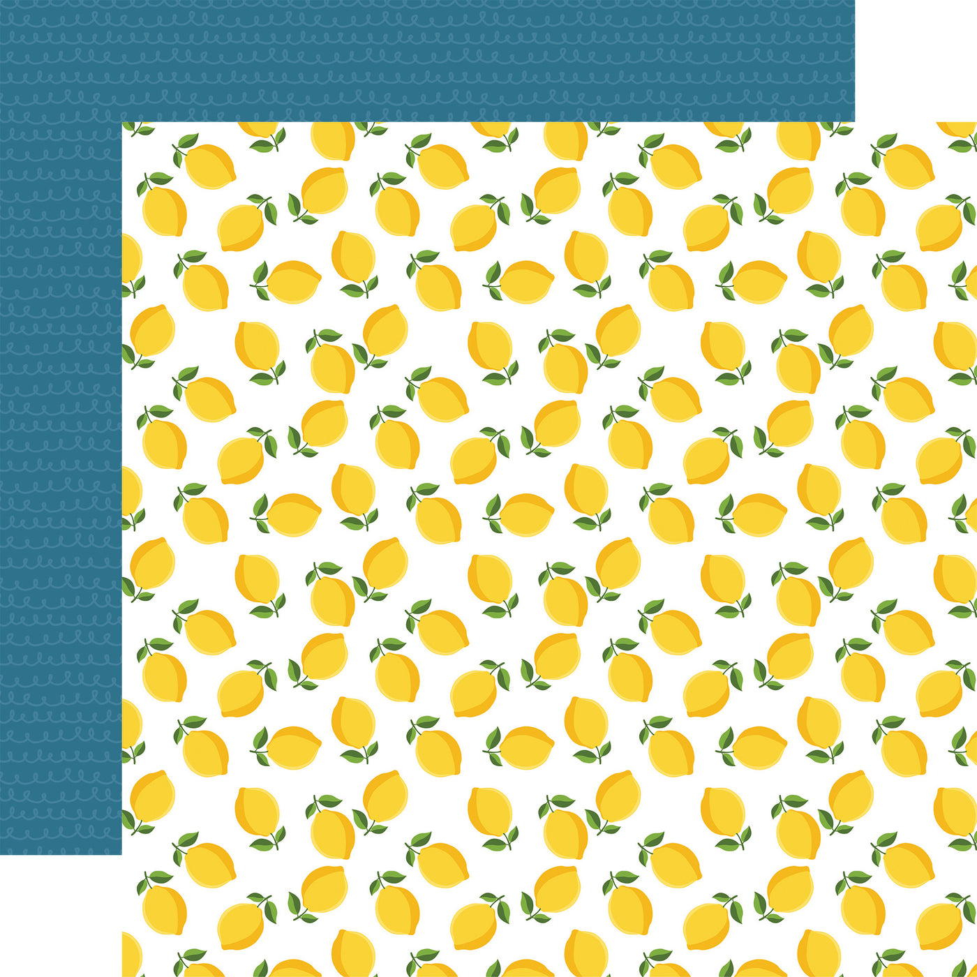 12x12 double-sided patterned paper. (Side A - yellow lemons with green leaves on a white background; Side B - blue squiggles on a blue background)