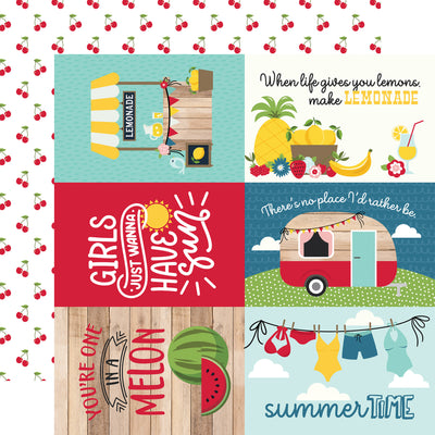 Colorful collage of summer-themed illustrations with text and graphics on a white background with red cherries reverse.