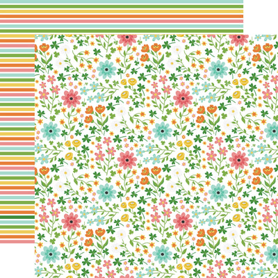 12x12 double-sided patterned paper. (Side A - pink, blue, yellow, orange, and green floral on a white background; Side B - stripes in coordinating colors)
