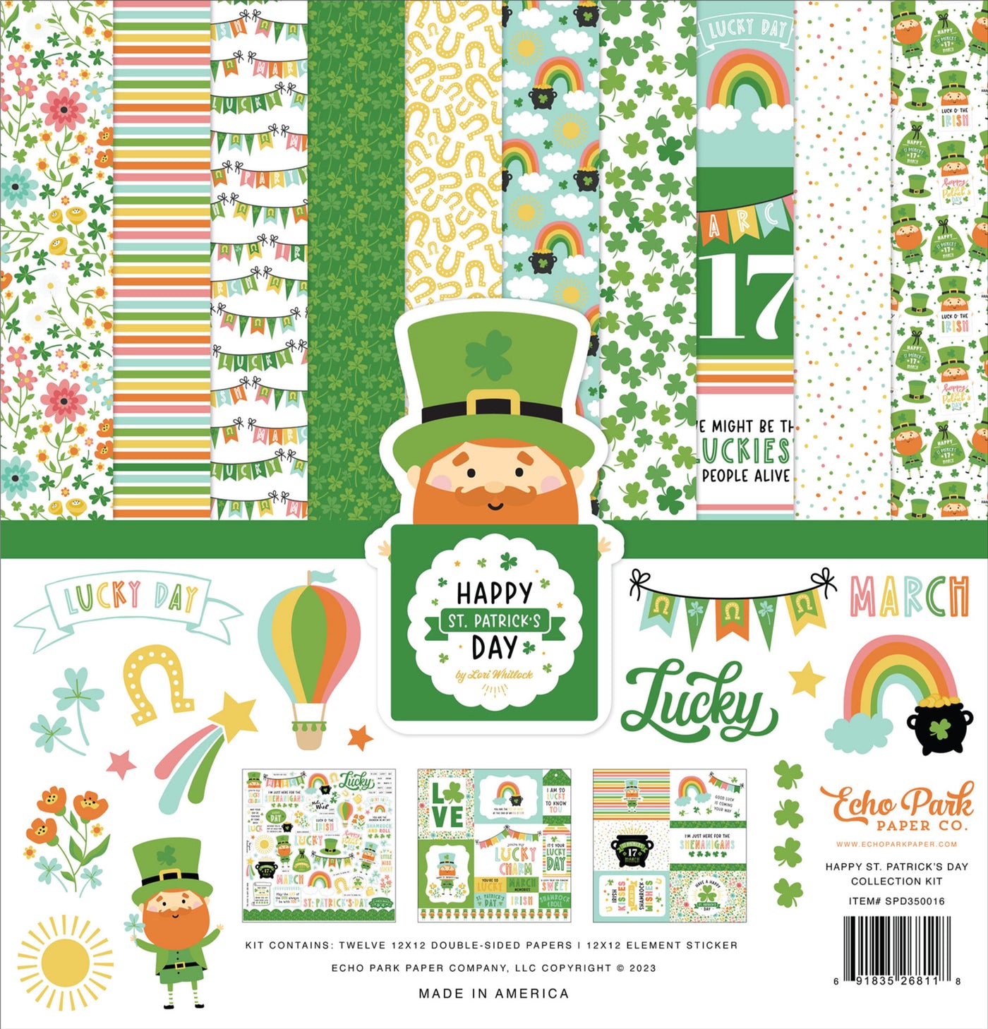 St.Patrick's Day crafts using the St.Patrick's Day Collection 12" x 12" Kit designed by Lori Whitlock for Echo Park. The kit includes 12 double-sided papers with designs of shamrocks, stripes, flowers, rainbows, banners, and more. Also included is one Element sticker sheet.