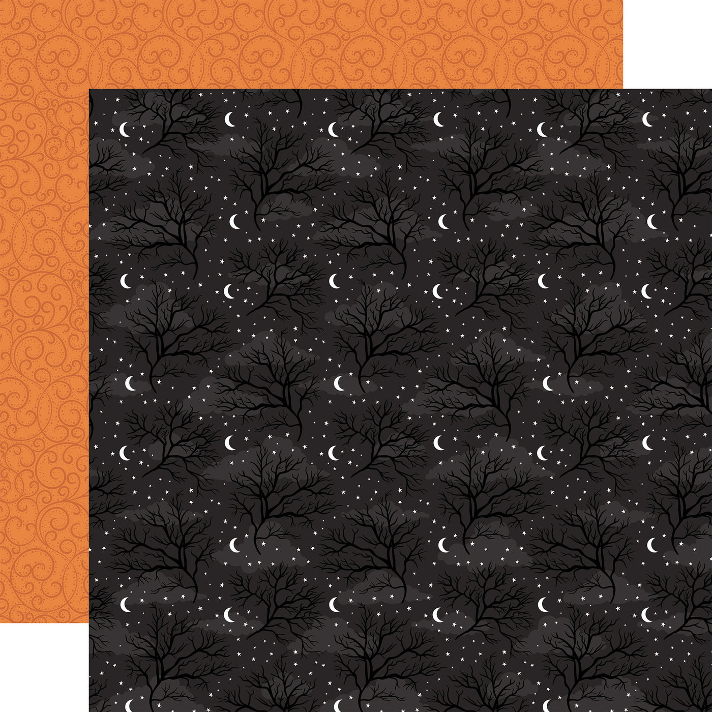 (Side A - silhouetted bare trees, numerous small white stars, and crescent moons scattered across a dark, presumably night sky, background, Side B - a solid orange background with a subtle, repeating pattern of darker orange swirls and curls)