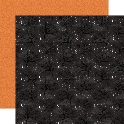 (Side A - silhouetted bare trees, numerous small white stars, and crescent moons scattered across a dark, presumably night sky, background, Side B - a solid orange background with a subtle, repeating pattern of darker orange swirls and curls)