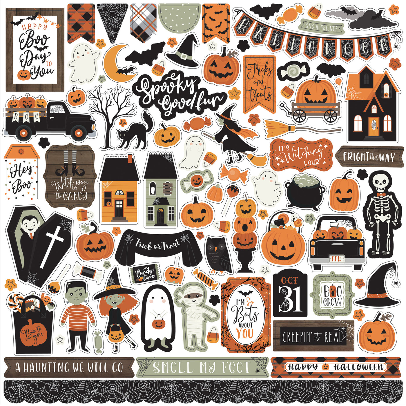 Spooky Elements 12" x 12" Cardstock Stickers from the Spooky Collection by Echo Park. Stickers include phrases, frames, pumpkins, ghosts, skeletons, and more!