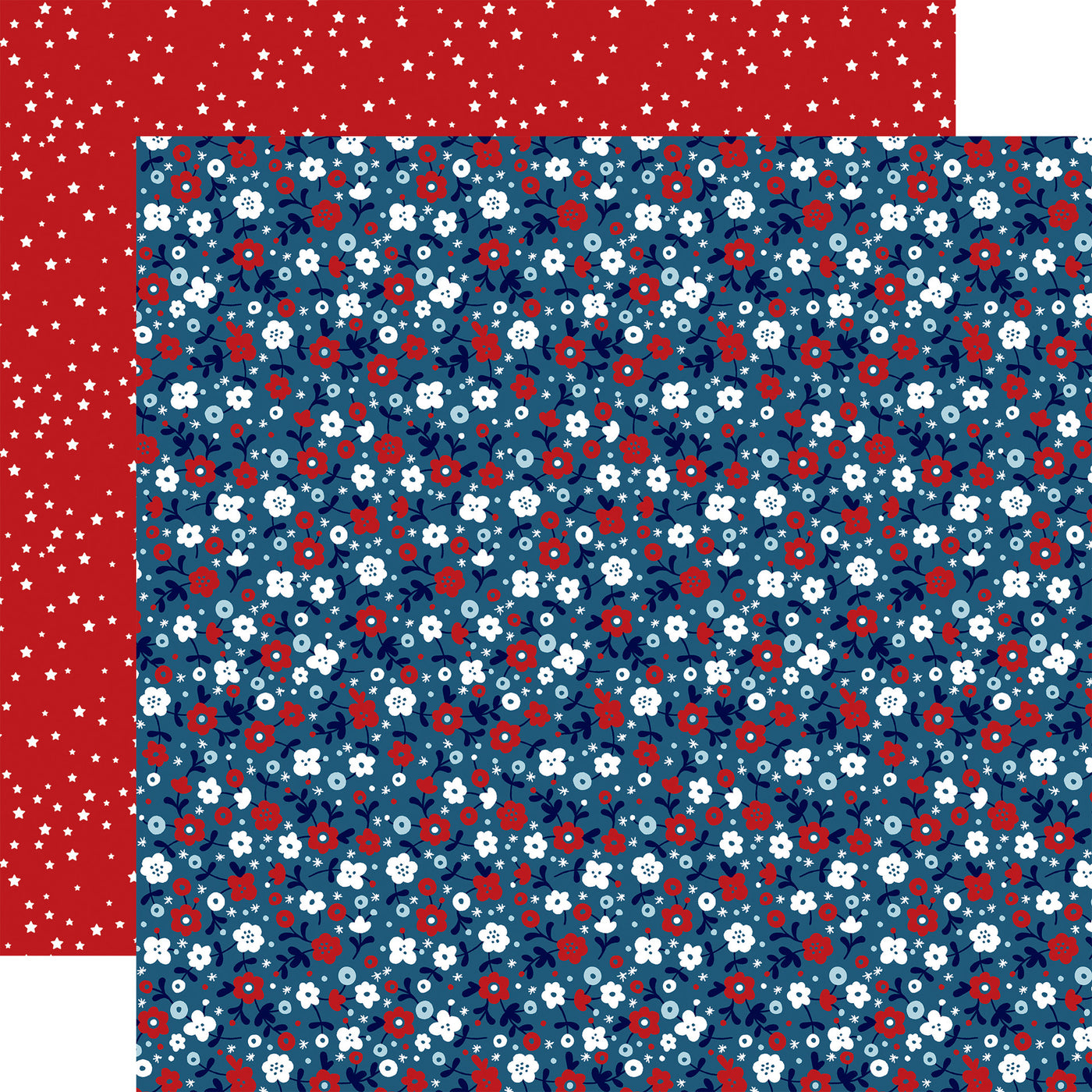 (Side A - red, white, and blue floral on a navy blue background; Side B - scattered white stars on a bright red background)