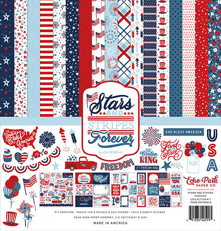 Twelve double-sided papers feature America, with designs and images for the Fourth of July. They are printed on 12x12-inch textured cardstock, which is archival quality and acid-free.