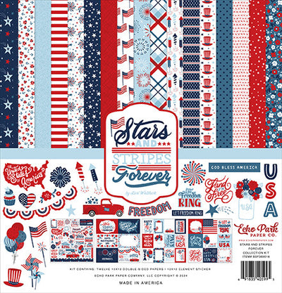 Twelve double-sided papers feature America, with designs and images for the Fourth of July. They are printed on 12x12-inch textured cardstock, which is archival quality and acid-free.