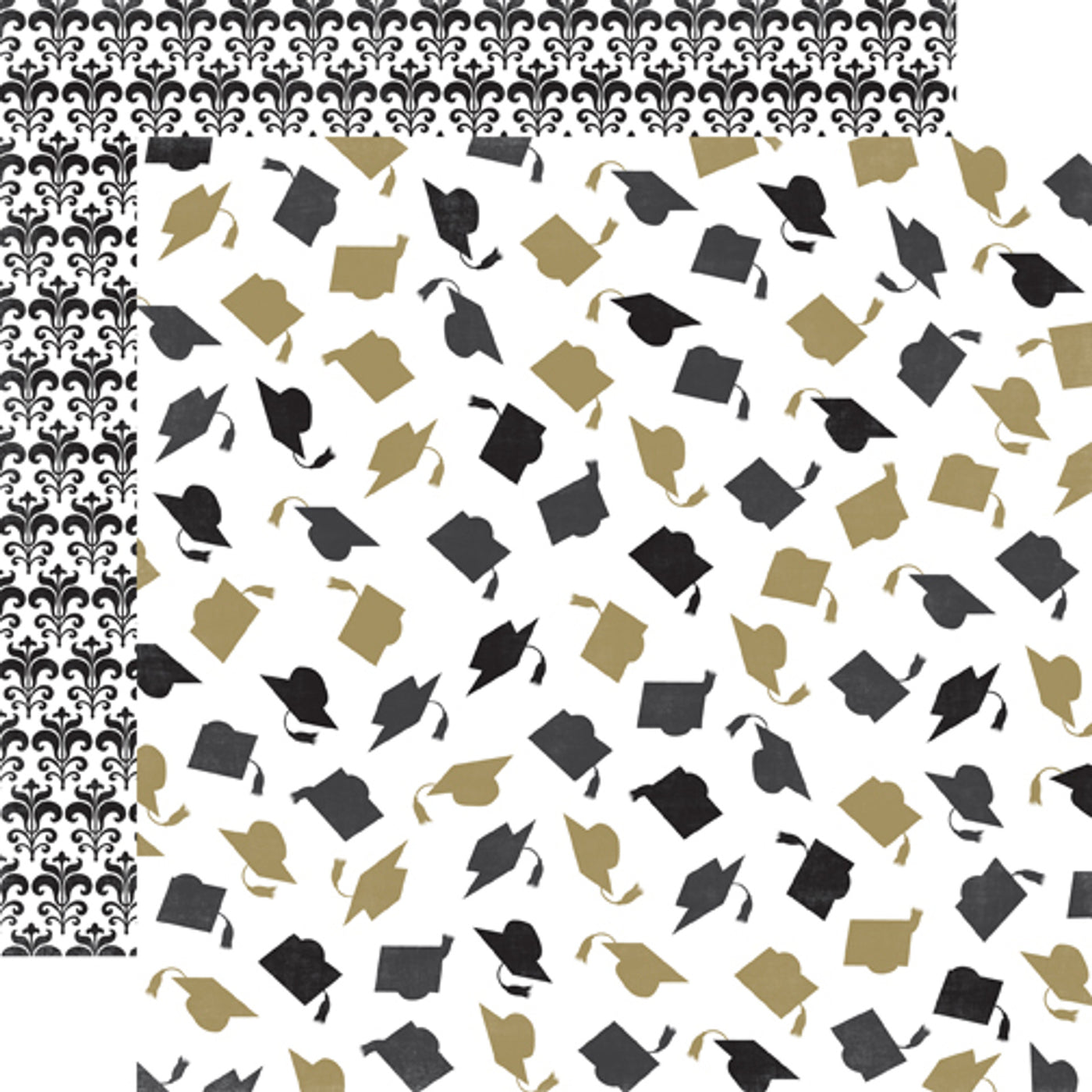 (Side A - black and gold graduation caps with tassels on white background, Side B - black scroll design on a white background)