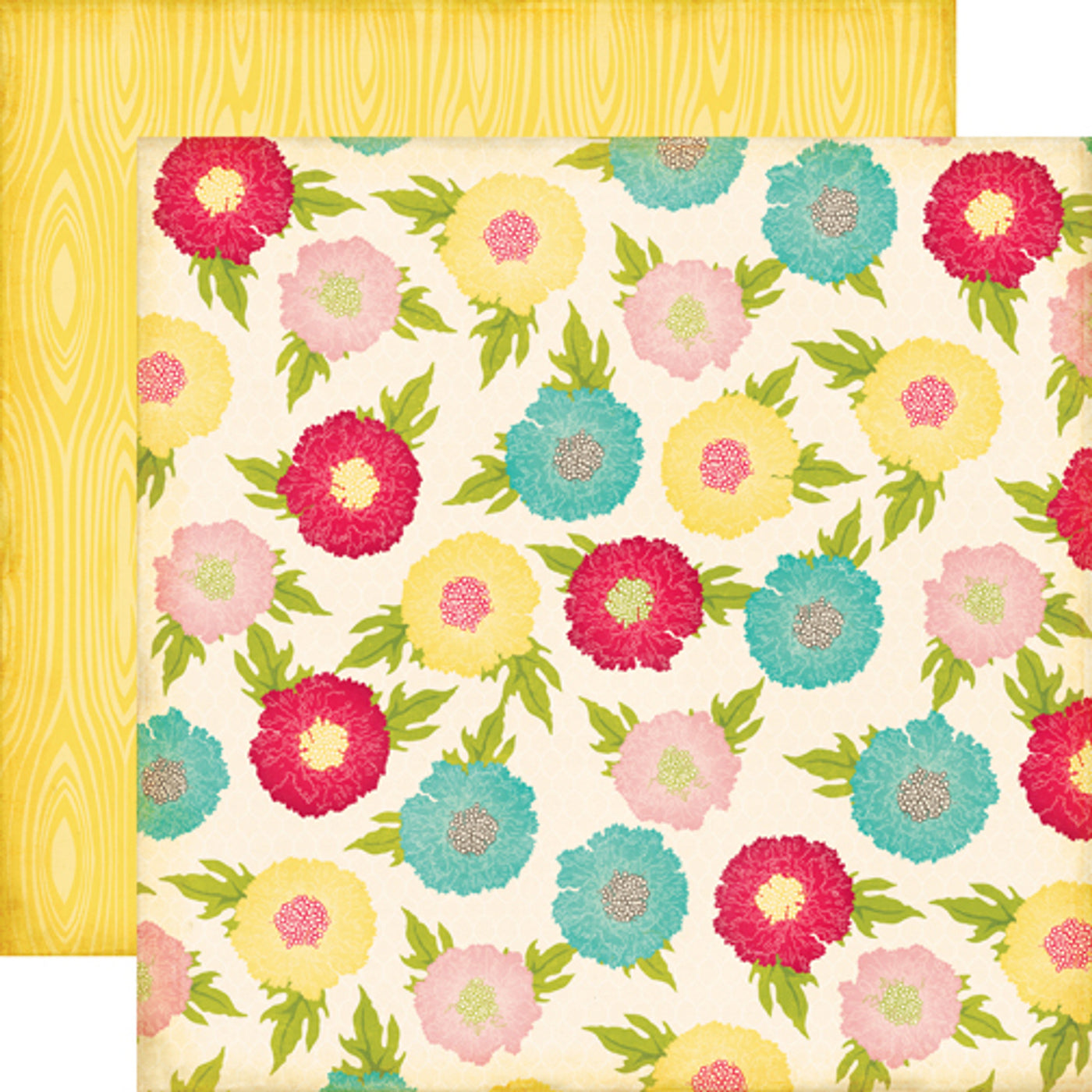 12x12 double-sided patterned paper. (Side A - red, blue, yellow, and pink floral on a cream background; Side B - yellow woodgrain on a yellow background)