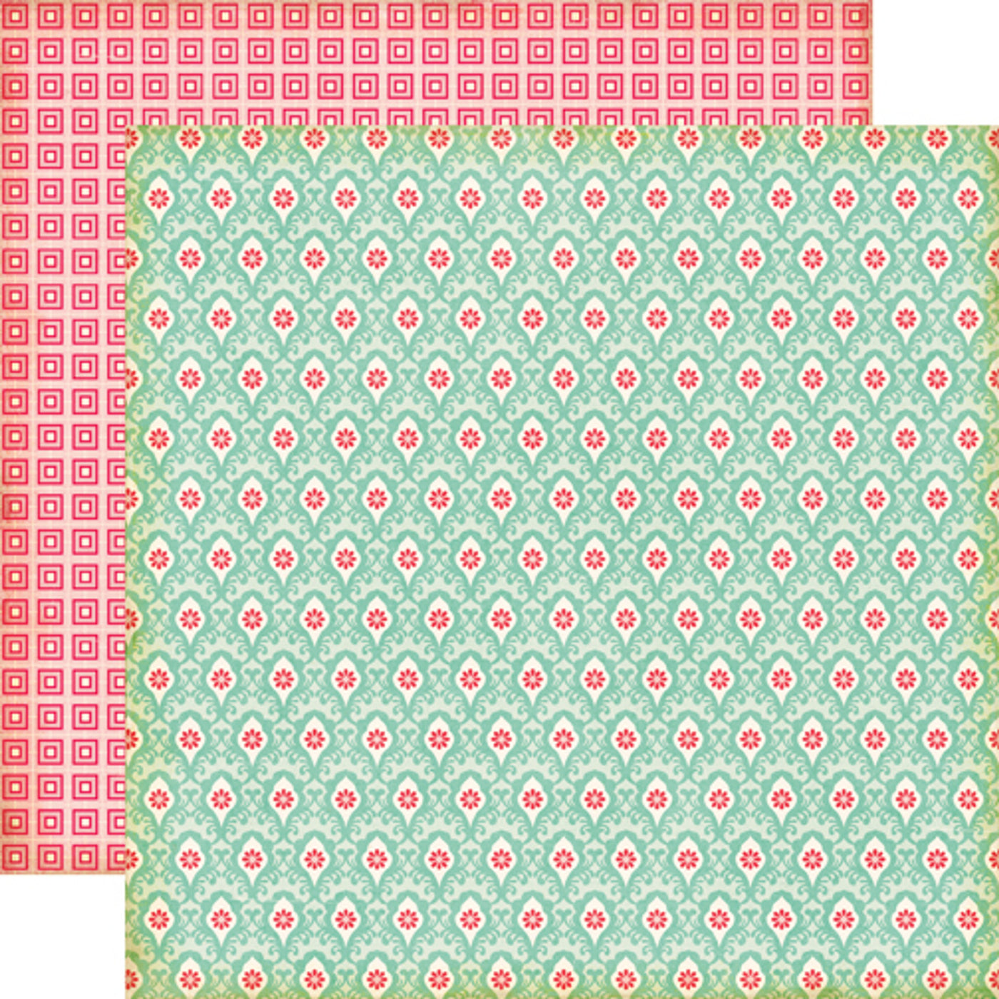 12x12 double-sided patterned paper - (pink and turquoise lace damask with a pink square pattern background reverse) - Echo Park Paper.