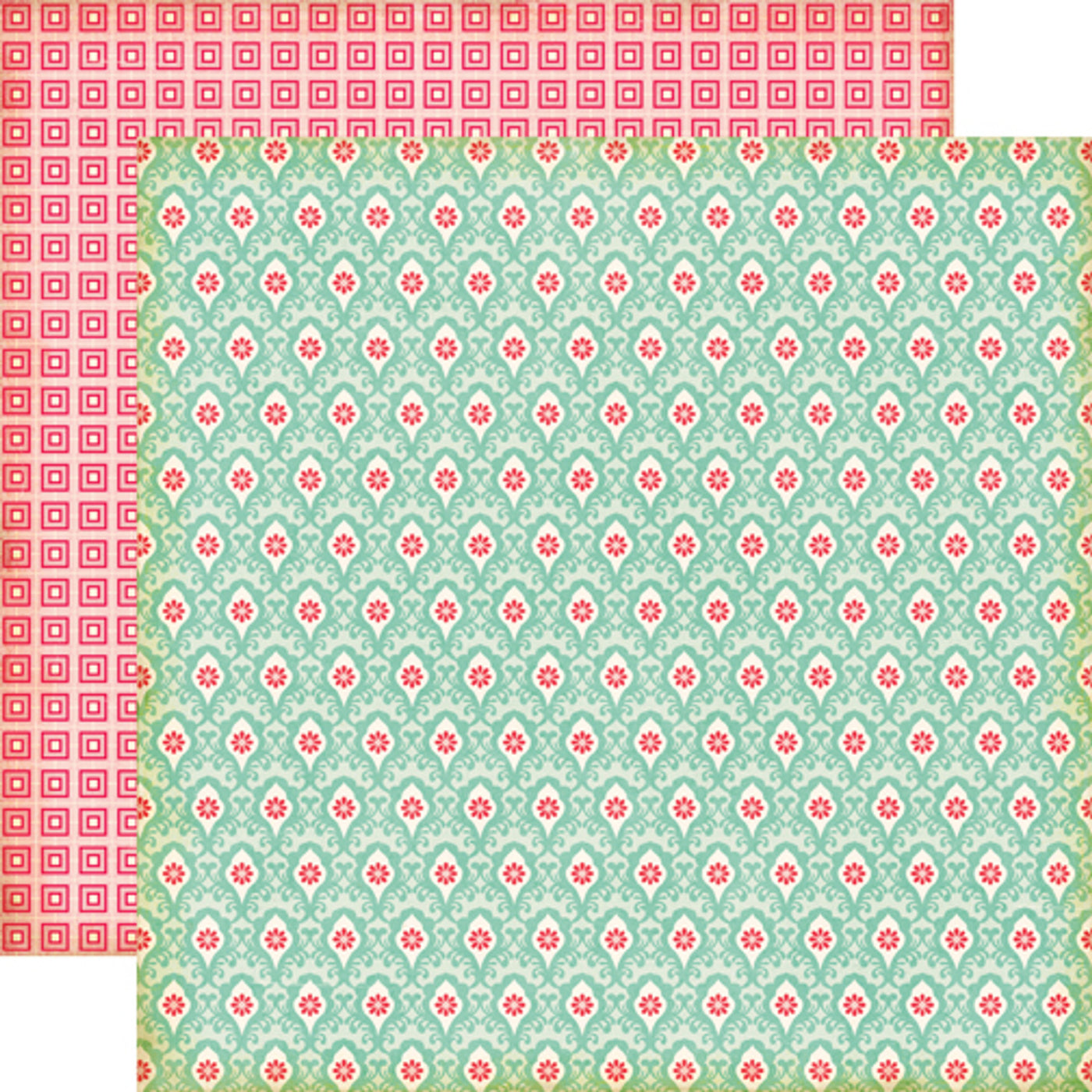 12x12 double-sided patterned paper - (pink and turquoise lace damask with a pink square pattern background reverse) - Echo Park Paper.