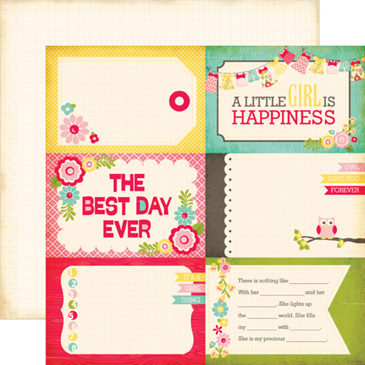 12x12 double-sided patterned paper - (sweet girl journaling cards and phrases with an off-white ledger paper background reverse) - Echo Park Paper.