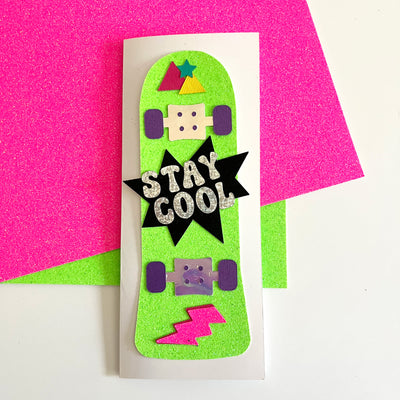80s themed skateboard card made with Neon Green and Neon Pink Glitter Luxe Cardstock