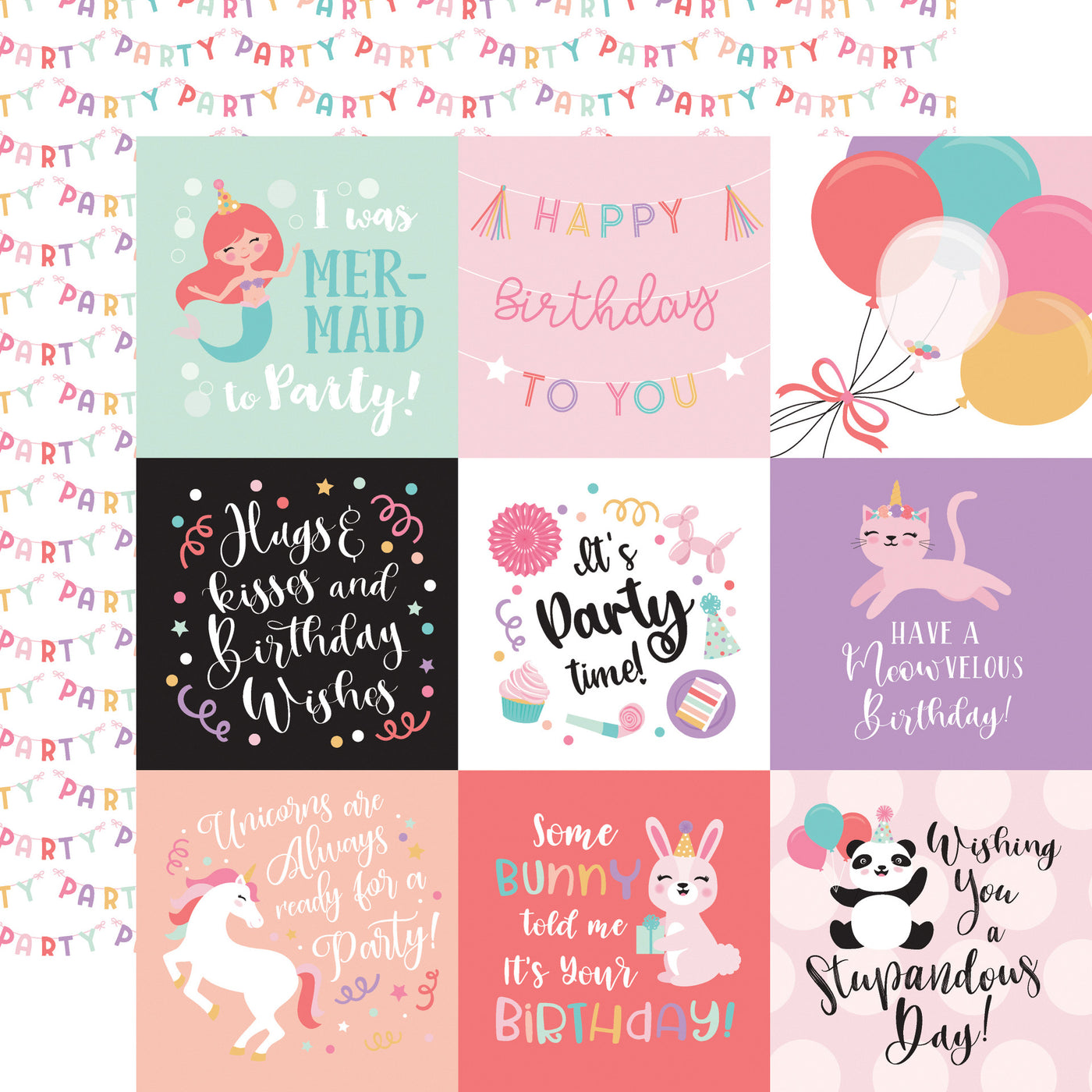 12x12 double-sided multi-colored patterned paper from Echo Park Paper (colorful pastel birthday 4X4 journaling cards, pastel party banners on a white background reverse).