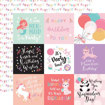 12x12 double-sided multi-colored patterned paper from Echo Park Paper (colorful pastel birthday 4X4 journaling cards, pastel party banners on a white background reverse).