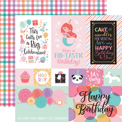 12x12 double-sided multi-colored patterned paper - (colorful pastel birthday journaling cards, pastel birthday plaid on a white background reverse) - from Echo Park Paper.