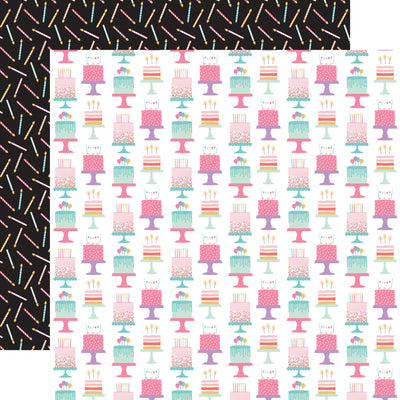 12x12 double-sided multi-colored patterned paper - (colorful pastel birthday cakes on a white background, pastel birthday candles on a black background reverse) - from Echo Park Paper.