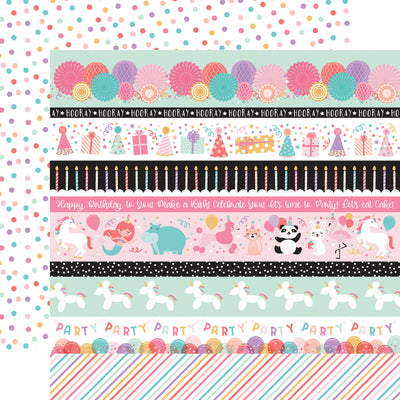 12x12 double-sided multi-colored patterned paper - (colorful pastel birthday borders on a white background, pastel birthday dots on a white background reverse) - from Echo Park Paper.